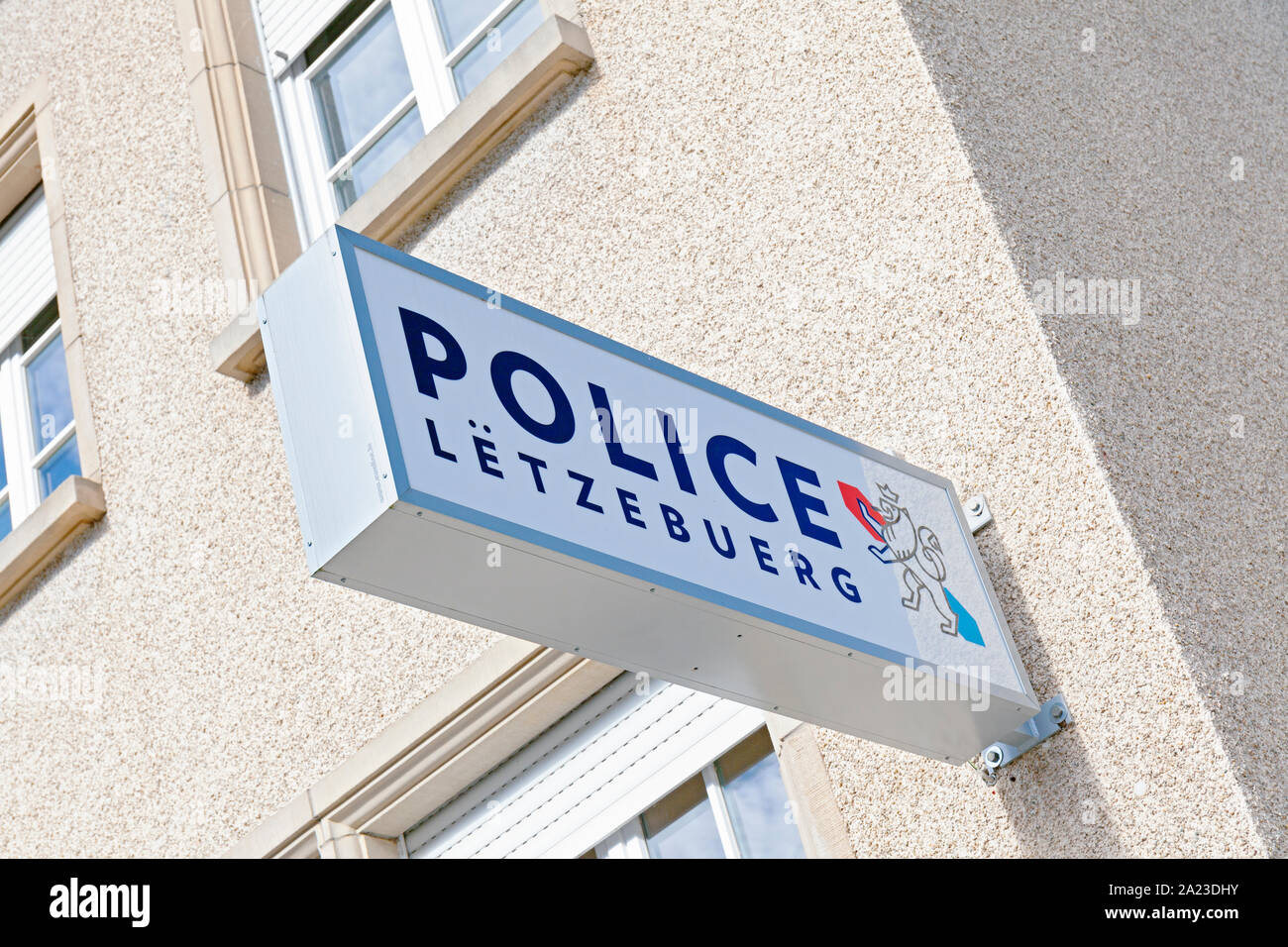 Europe, Luxembourg, Larochette, Police Station (Sign Detail) Stock Photo