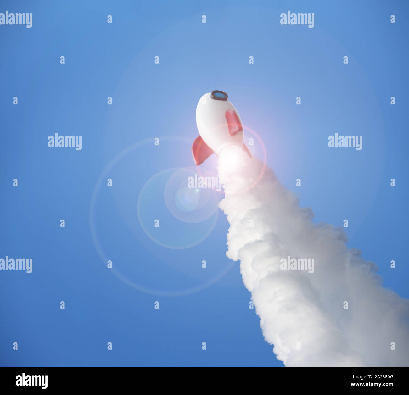 White rocket at high speed flies into space against Stock Photo