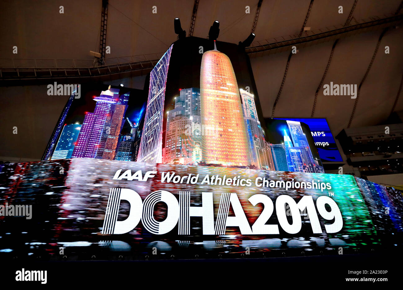 Iaaf A general view of IAAF World Athletics Championships branding during ...