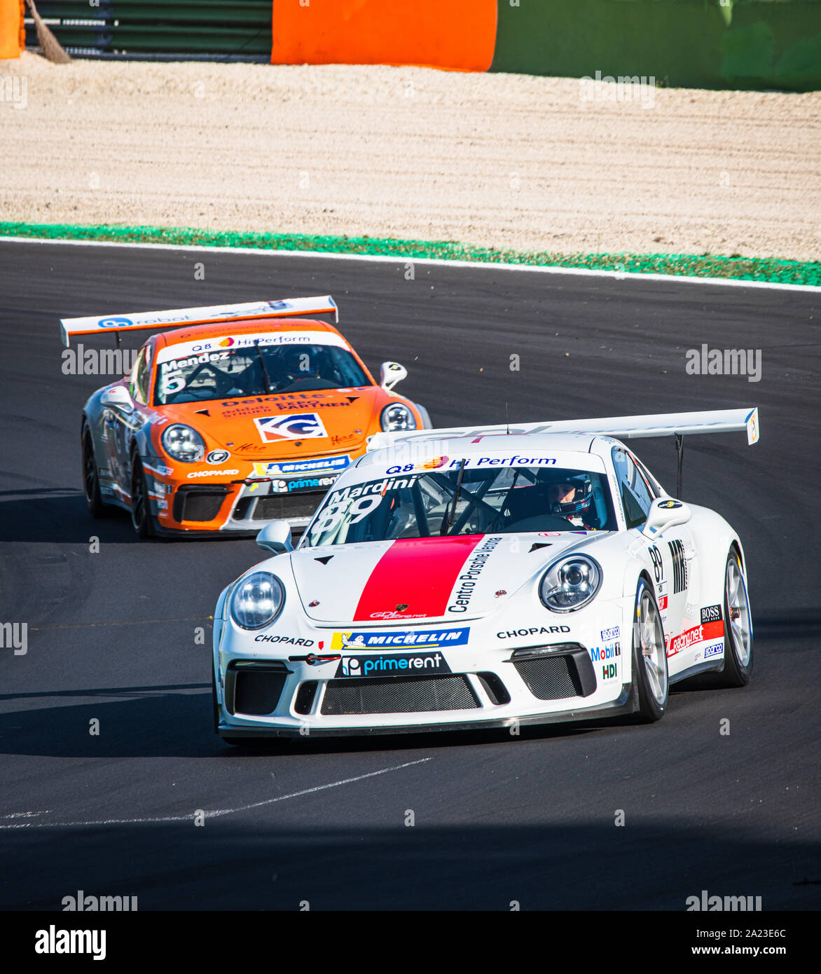 Vallelunga, Italy september 14 2019.  Front view of Porsche Carrera racing car during race in action at turn Stock Photo