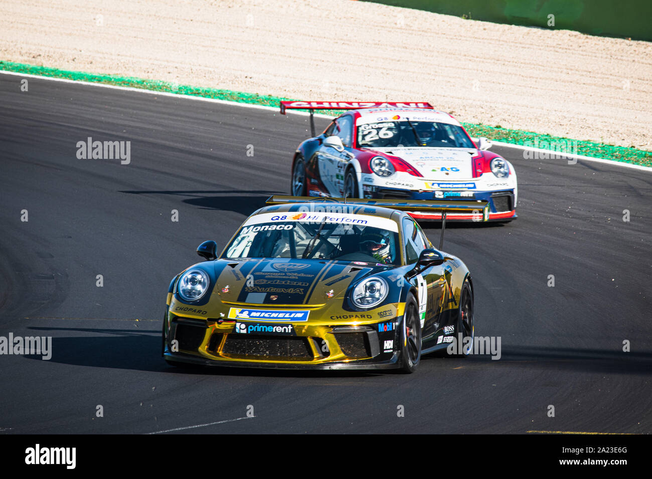 Vallelunga, Italy september 14 2019.  Front view of Porsche Carrera racing car during race in action at turn Stock Photo