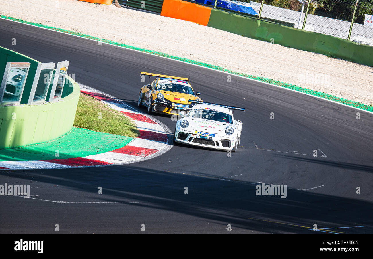 Vallelunga, Italy september 14 2019.  Front view of Porsche Carrera racing car during race in action at turn Stock Photo