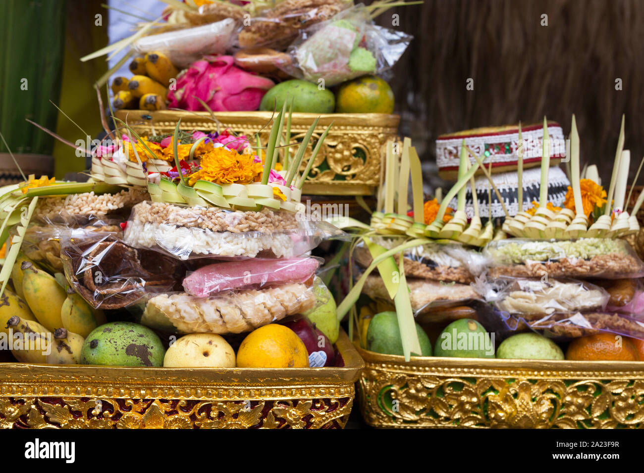 Traditional offerings to gods in Indonesia with flowers, fruits and