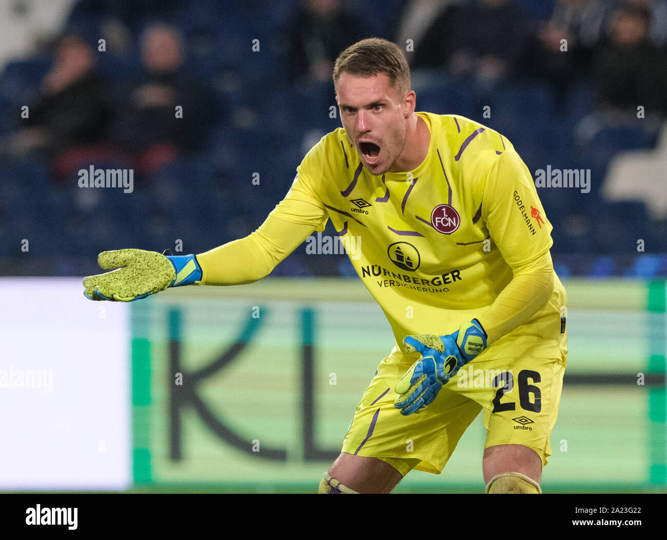 Hanover, Germany. 30th Sep, 2019. Soccer: 2nd Bundesliga, 8th matchday: Hannover 96 - 1st FC Nürnberg in the HDI-Arena in Hannover. Nuremberg goalkeeper Christian Mathenia is in goal. Credit: Peter Steffen/dpa - IMPORTANT NOTE: In accordance with the requirements of the DFL Deutsche Fußball Liga or the DFB Deutscher Fußball-Bund, it is prohibited to use or have used photographs taken in the stadium and/or the match in the form of sequence images and/or video-like photo sequences./dpa/Alamy Live News Stock Photo