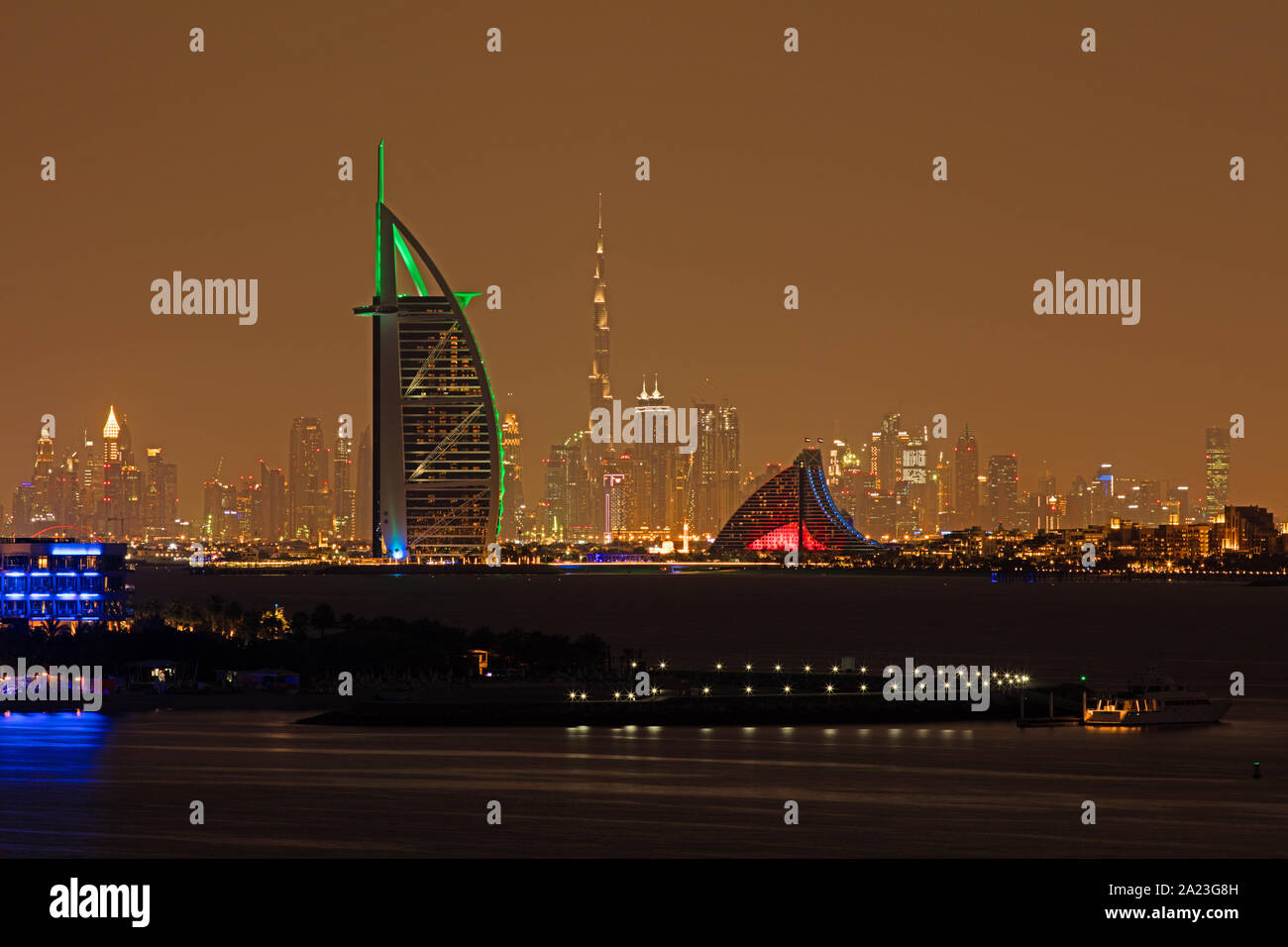 Dubai skyline at night with Burj Khalifa and Burj al Arab Stock Photo