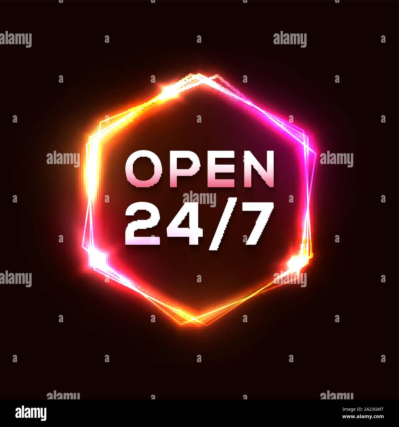 Retro neon sign Open 24 7. 3d light hexagon frame. Stock Vector