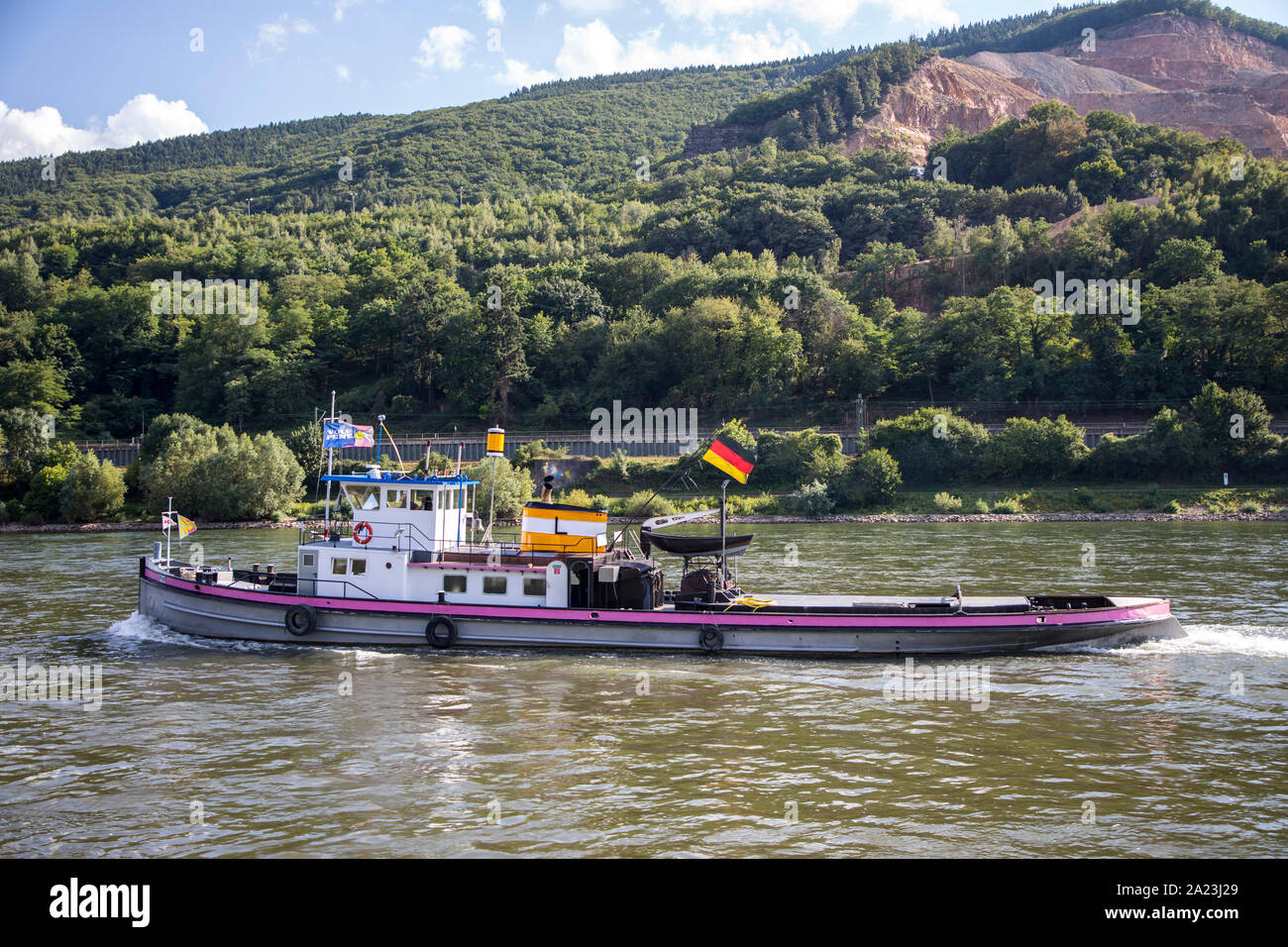 Pilots ship on the Rhine, in the World Heritage Upper Middle Rhine Valley, cargo ships, height of the village Trechtingshausen, Germany Stock Photo