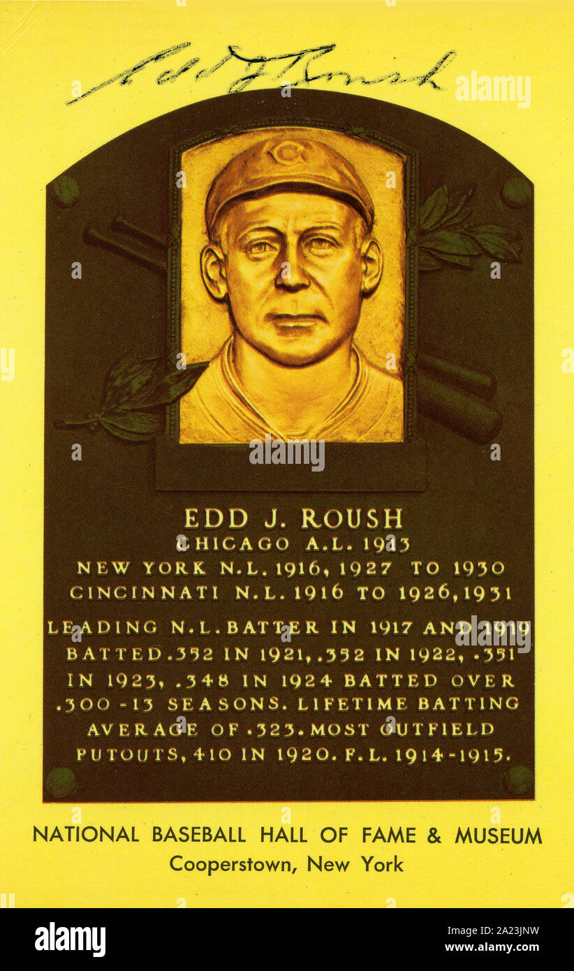 National Baseball Hall of Fame autographed souvenir postcard depicting plaque of Edd Roush. Stock Photo