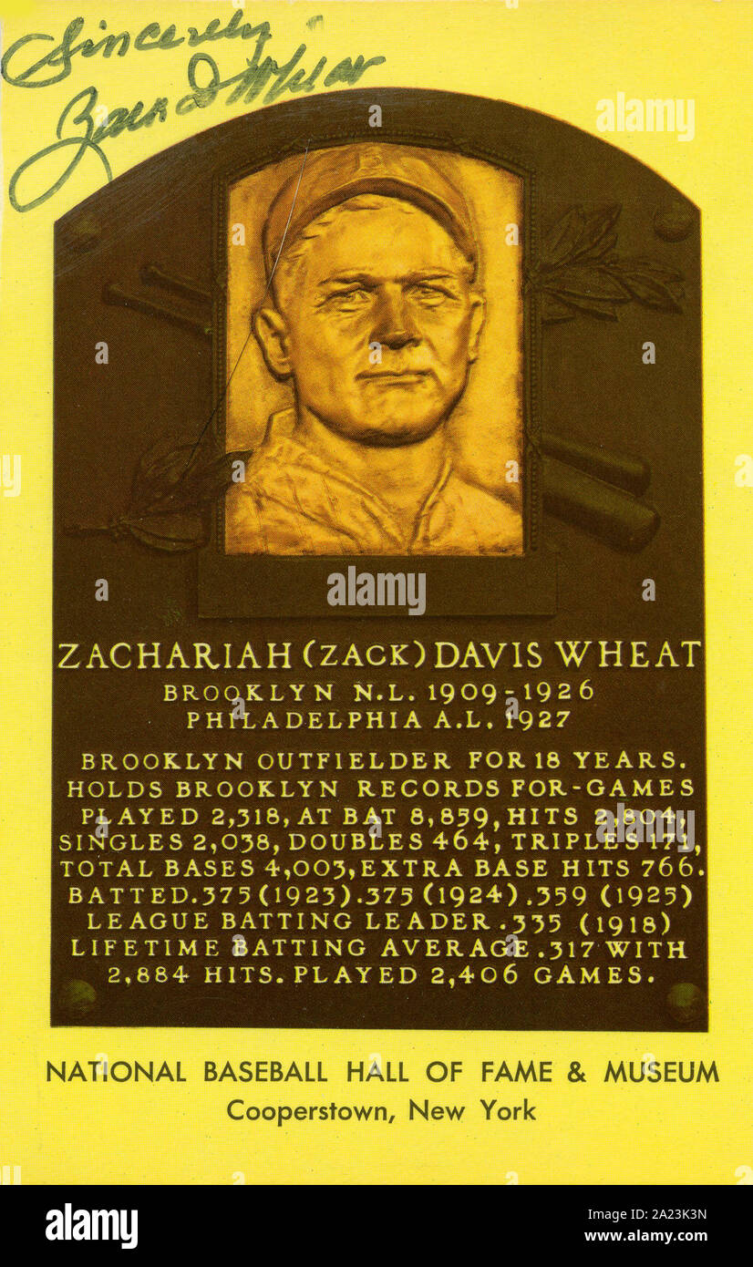 National Baseball Hall of Fame autographed souvenir postcard depicting plaque of Zack Wheat. Stock Photo