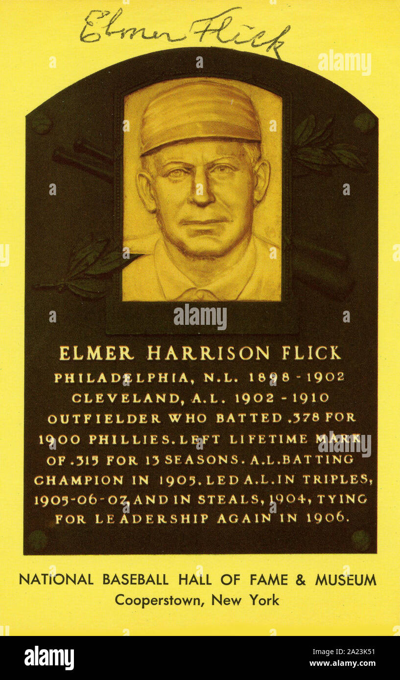 National Baseball Hall of Fame autographed souvenir postcard depicting plaque of Elmer Flick. Stock Photo