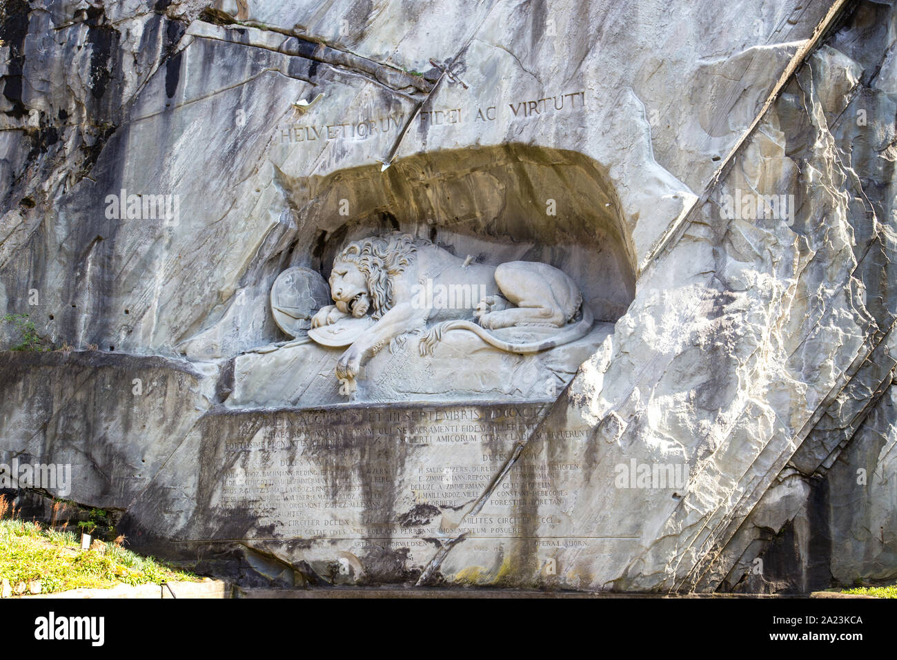 Lion Monument created by Bertel Thorvaldsen commemorates Swiss Guards massacred during the French Revolution in Lucerne, Switzerland Stock Photo