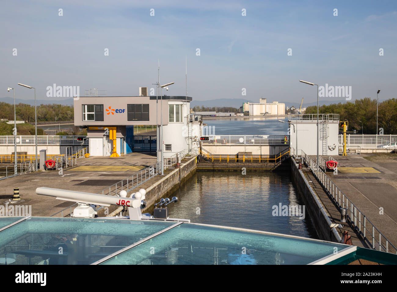 Travel through lock on riverboat cruise on Rhine River Stock Photo