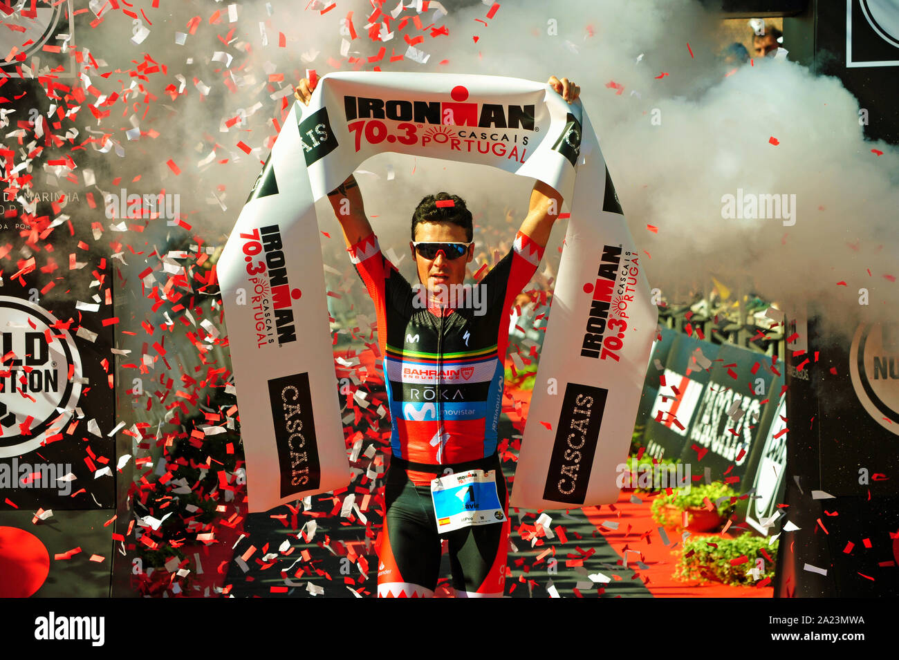 Spanish triathlete Javier Gomez Noya won the 3rd edition of IRONMAN 70.3, Cascais, Portugal Stock Photo