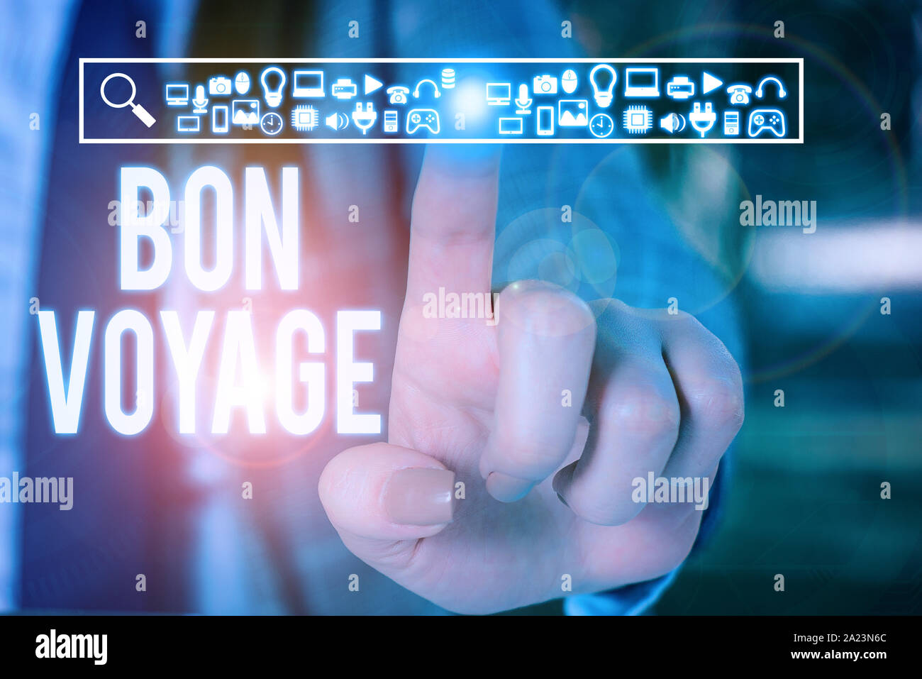 Conceptual Hand Writing Showing Bon Voyage Concept Meaning Used Express Good Wishes To Someone About Set Off On Journey Woman Wear Work Suit Presenti Stock Photo Alamy