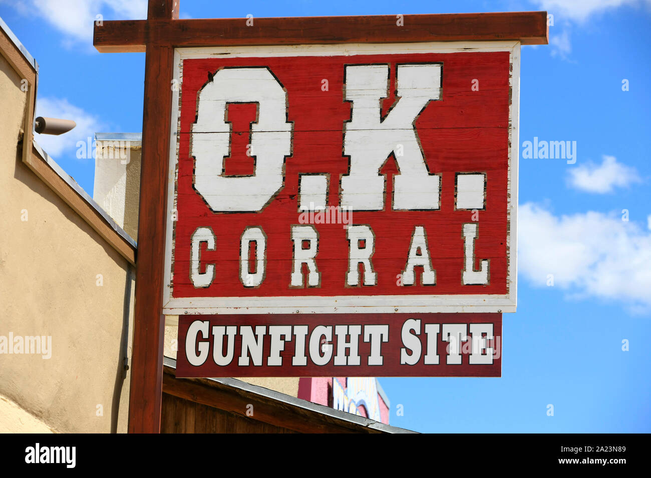 Overhead sign outside the O.K. Corral in Tombstone AZ Stock Photo Alamy