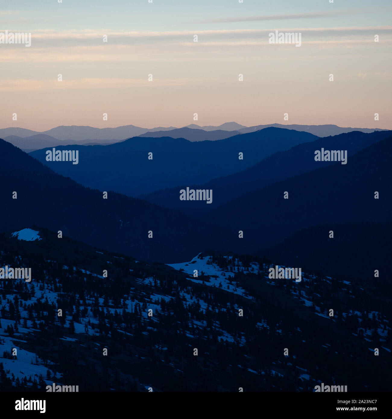 A far off view captured just before sunrise in the high sierras of California. Stock Photo