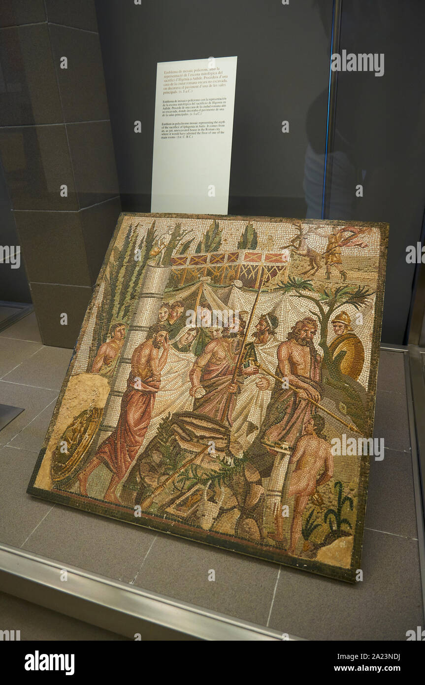 Polychrome mosaic of Sacrifice of Iphigenia found in ancient roman city at Empúries Archaeological Site (Ampurias, La Escala,Alt Empordà,Girona,Spain) Stock Photo