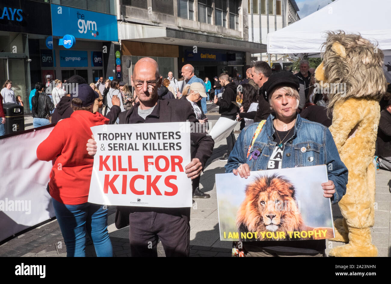 Demonstration,demo,protest,for,animal rights,and,against,trophy hunting,on,High Street,Birmingham,West Midlands,Midlands,England,UK,GB,Britain,Europe Stock Photo