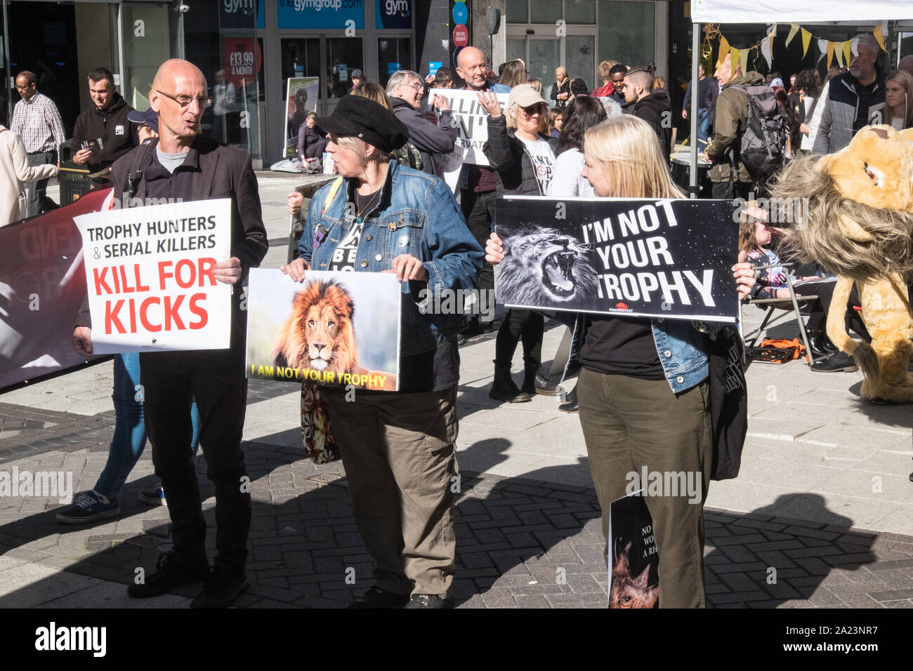 Demonstration,demo,protest,for,animal rights,and,against,trophy hunting,on,High Street,Birmingham,West Midlands,Midlands,England,UK,GB,Britain,Europe Stock Photo