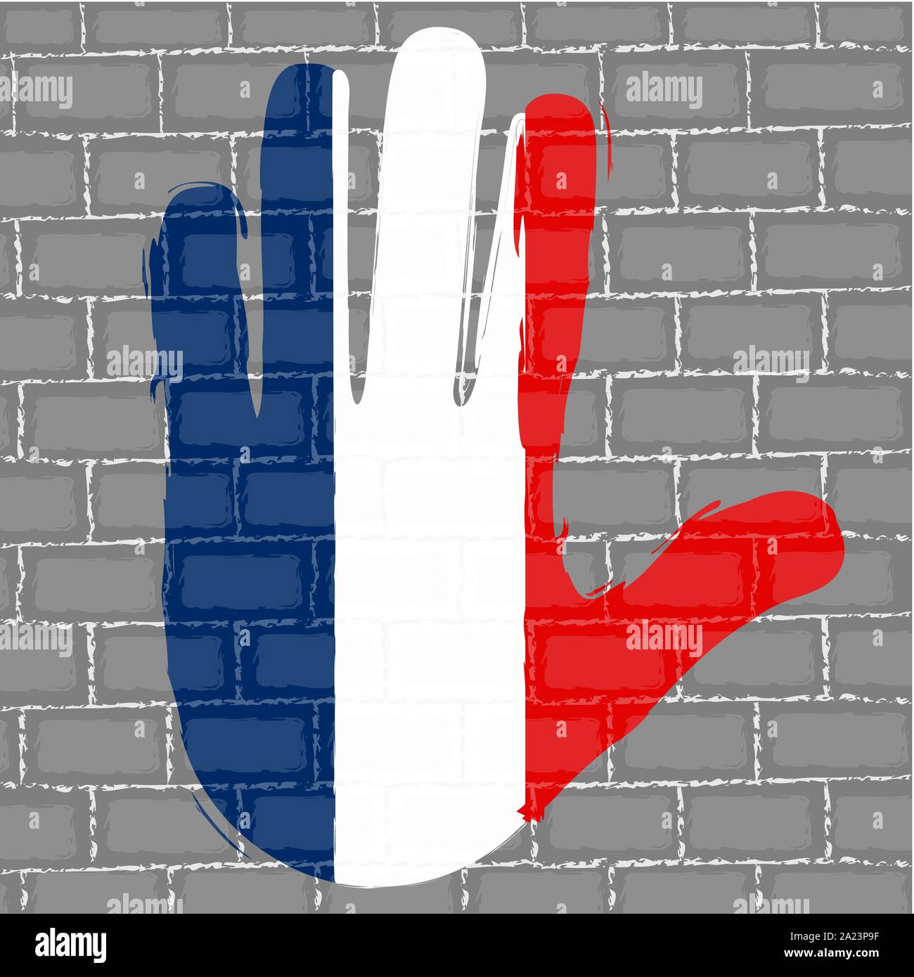 Hand painted with the flag of France over a grunge brick wall - Vector Stock Vector