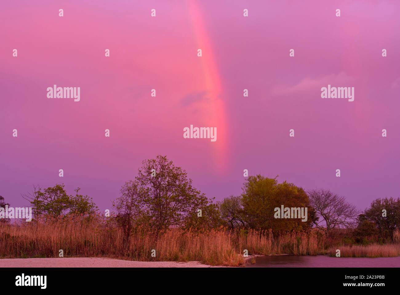 Rainbow and receding raincloud over the shore of Lake Pontchartrain