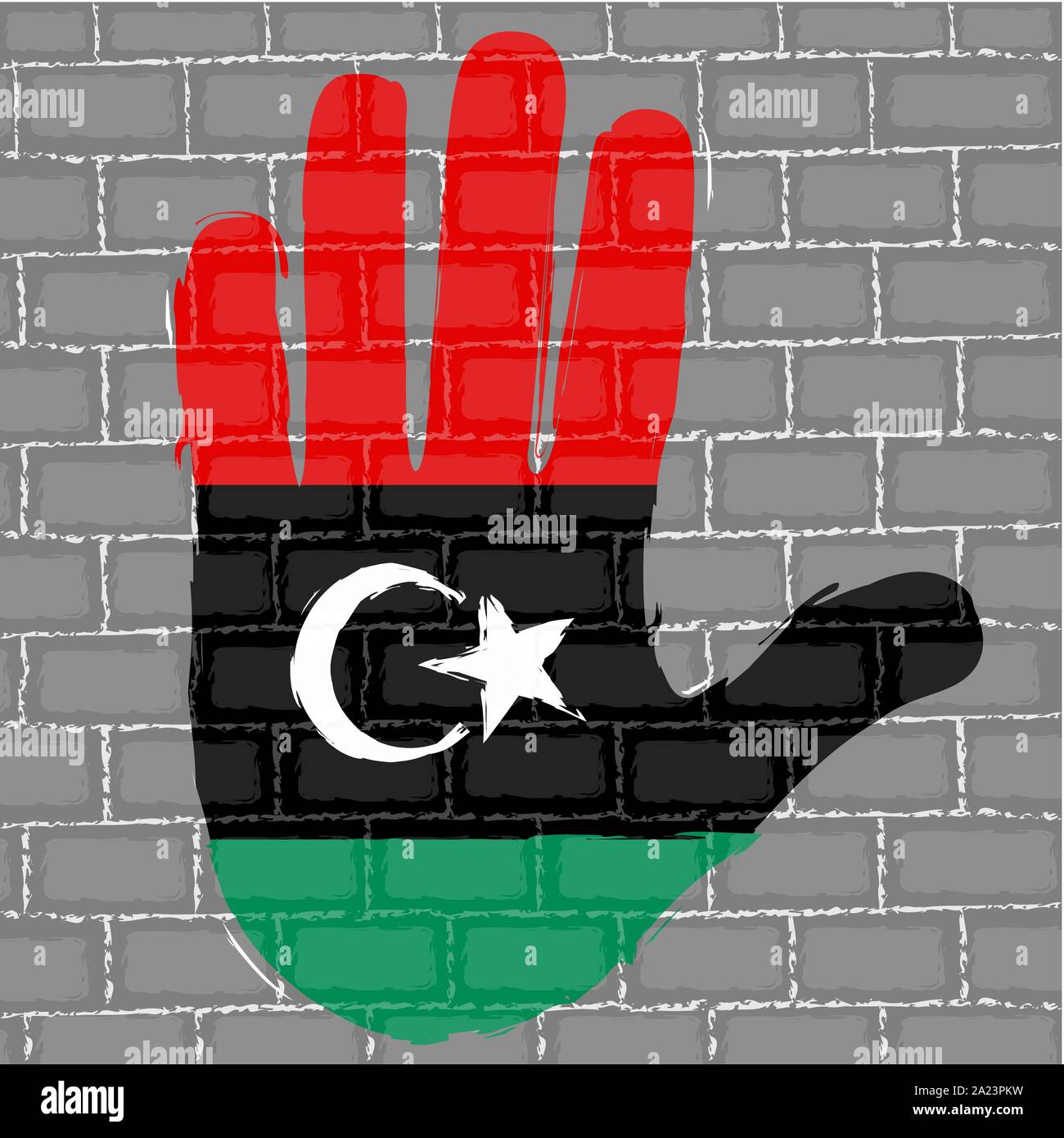 Hand painted with the flag of Libya over a grunge brick wall - Vector Stock Vector