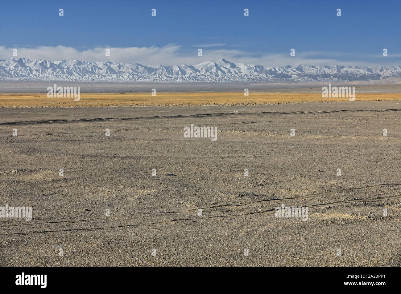 Snowcapped Eastern Qimantag range-Kunlun mts.-Qaidam desert basin S.of Huatugou. Haixi-Qinghai-China-0523 Stock Photo