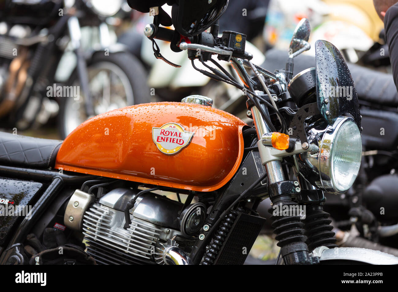 Royal Enfield motorcycle of a participant of the Distinguished Gentleman's Ride, 29.09.2019, Cologne, Germany. Stock Photo