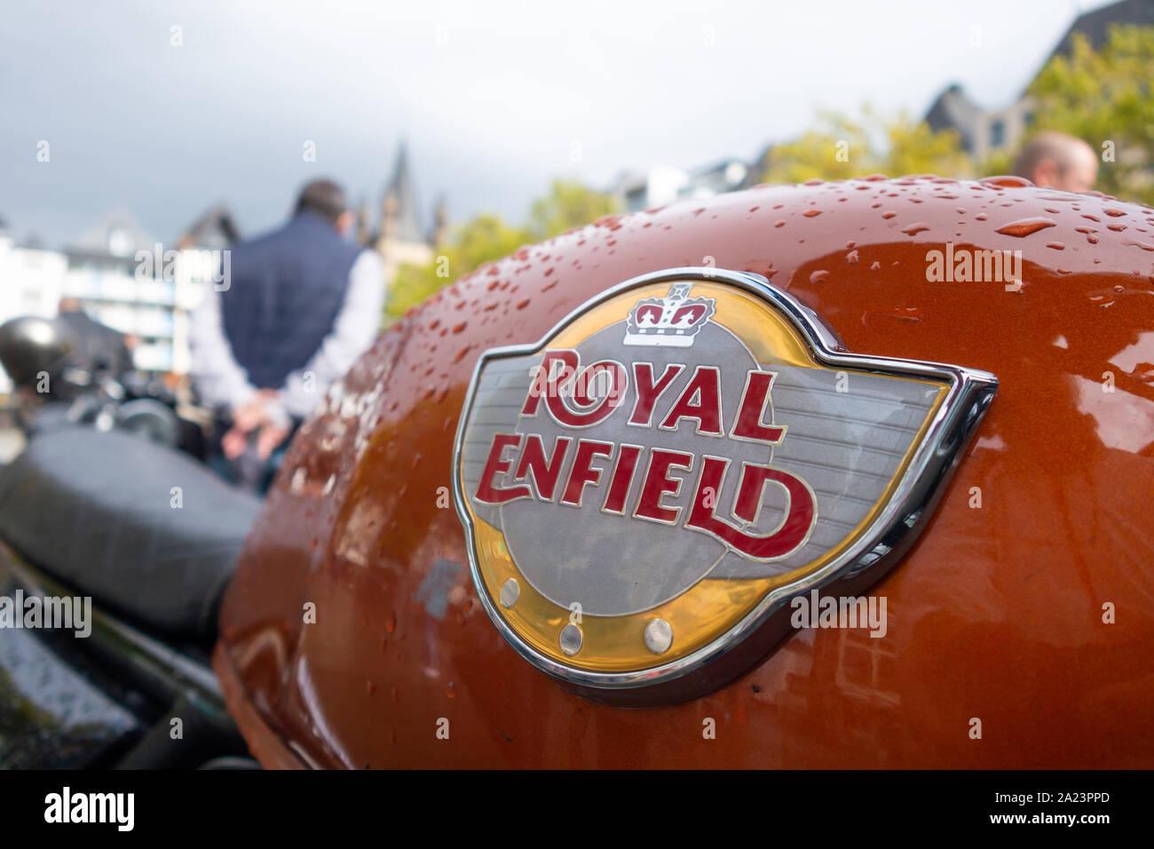 Royal Enfield motorcycle of a participant of the Distinguished Gentleman's Ride, 29.09.2019, Cologne, Germany. Stock Photo