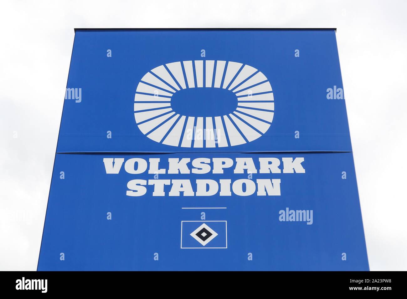Hamburg, Germany - September 1, 2018: Volkspark stadium logo on a panel. Volkspark stadium is a football stadium located in Bahrenfeld, Hamburg Stock Photo