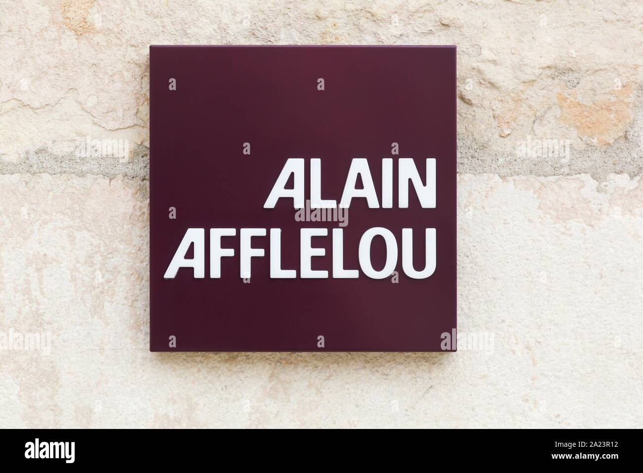 Villefranche, France - September 22, 2019: Alain Afflelou logo on a wall.  Alain Afflelou is a French company, chain of opticians Stock Photo - Alamy