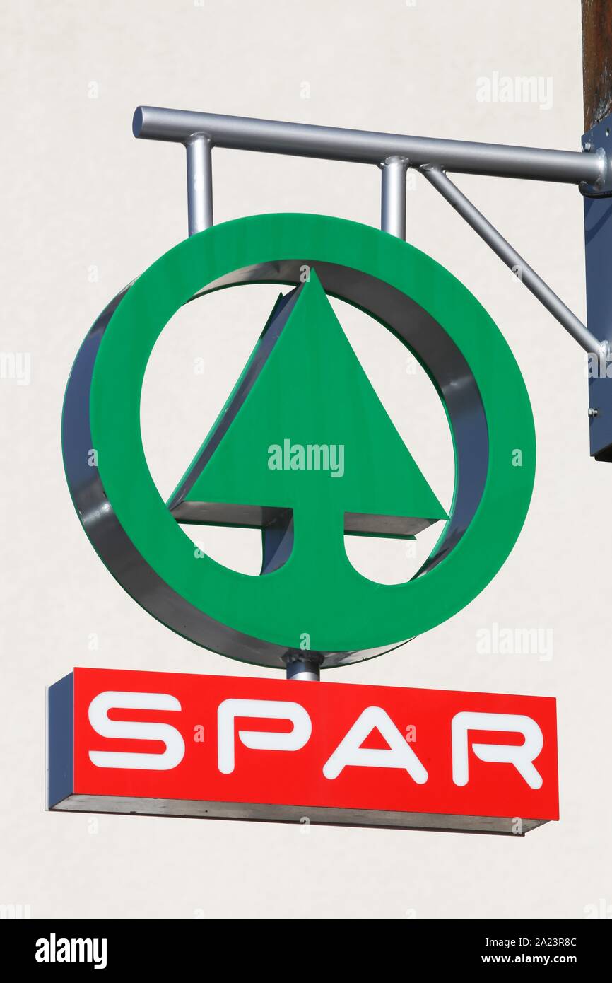 Villard de Lans, France - September 12, 2019: Spar logo on a wall. Spar is an international group of independently owned and operated retailers Stock Photo