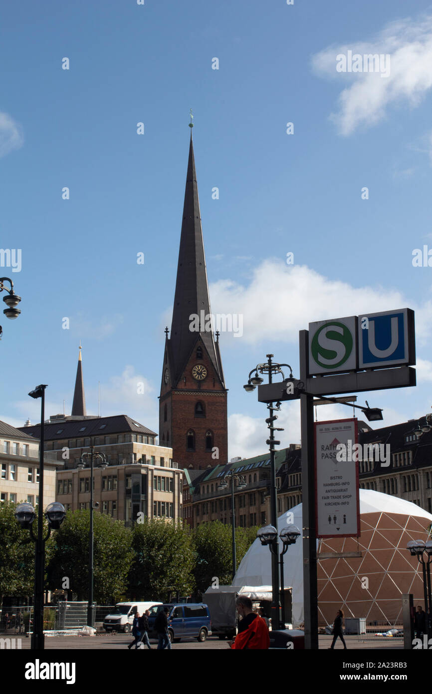 The spire of the Hauptkirche St. Jacobi, St Jacobs Church outside Messberg U-barn Station, Hamburg city view, Germany Stock Photo