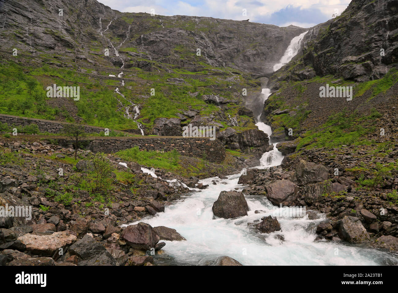 Trollstigen waterfall and scenic mountain road in Norway, Europe Stock Photo