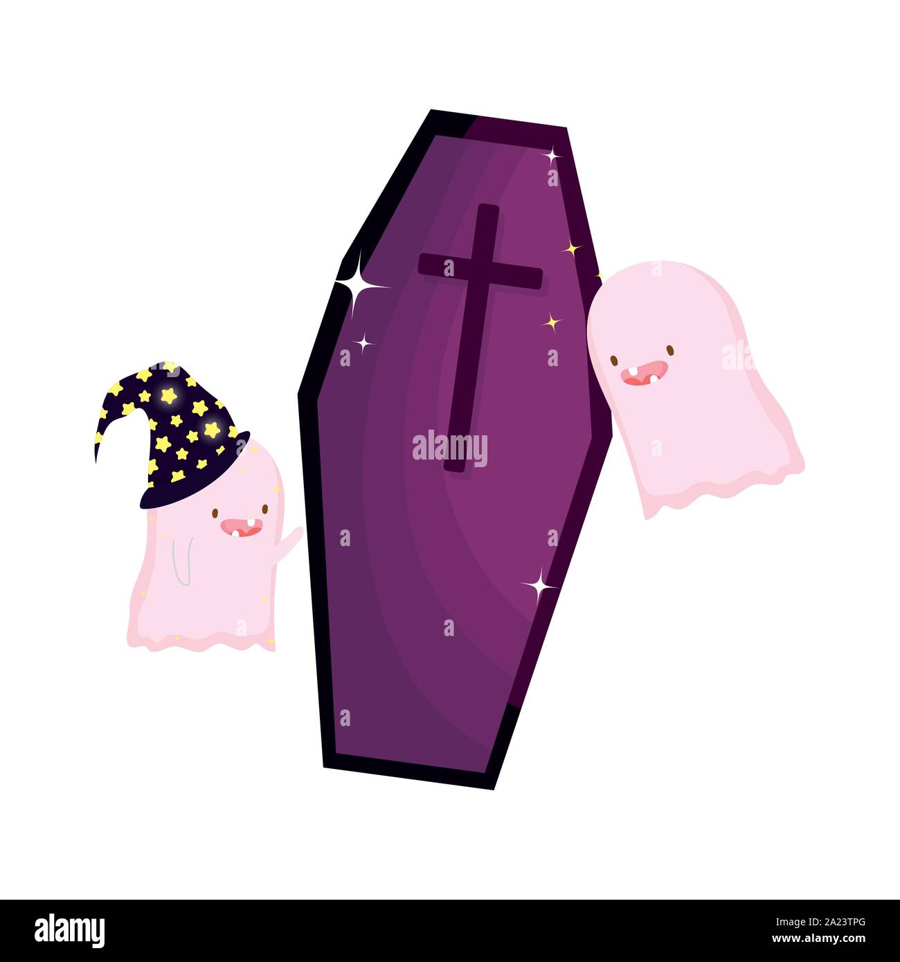 ghosts with coffin trick or treat happy halloween vector illustration ...