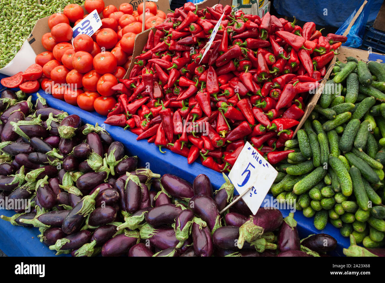 Market stall selling vegetables in the Fatih district of Istanbul Stock Photo