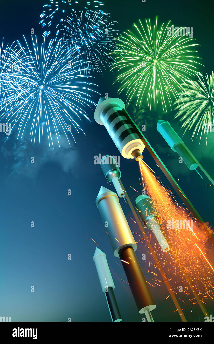 Low angle shot of firework rockets launching into the nihgt sky. 3D illustration. Stock Photo
