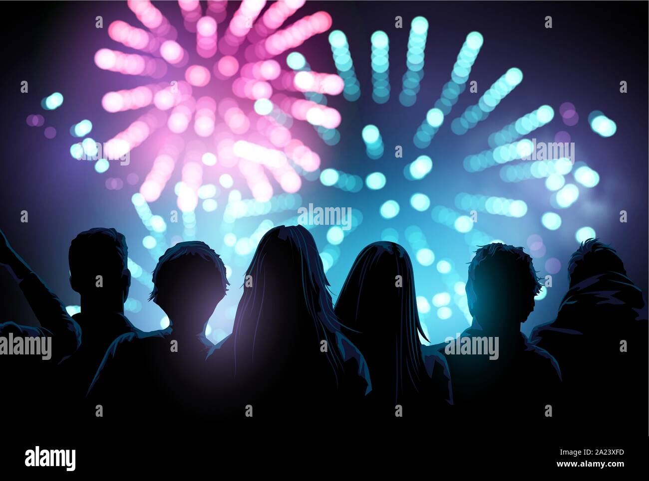 A large crowd of people watching and enjoying a firework display event. Vector illustration. Stock Vector