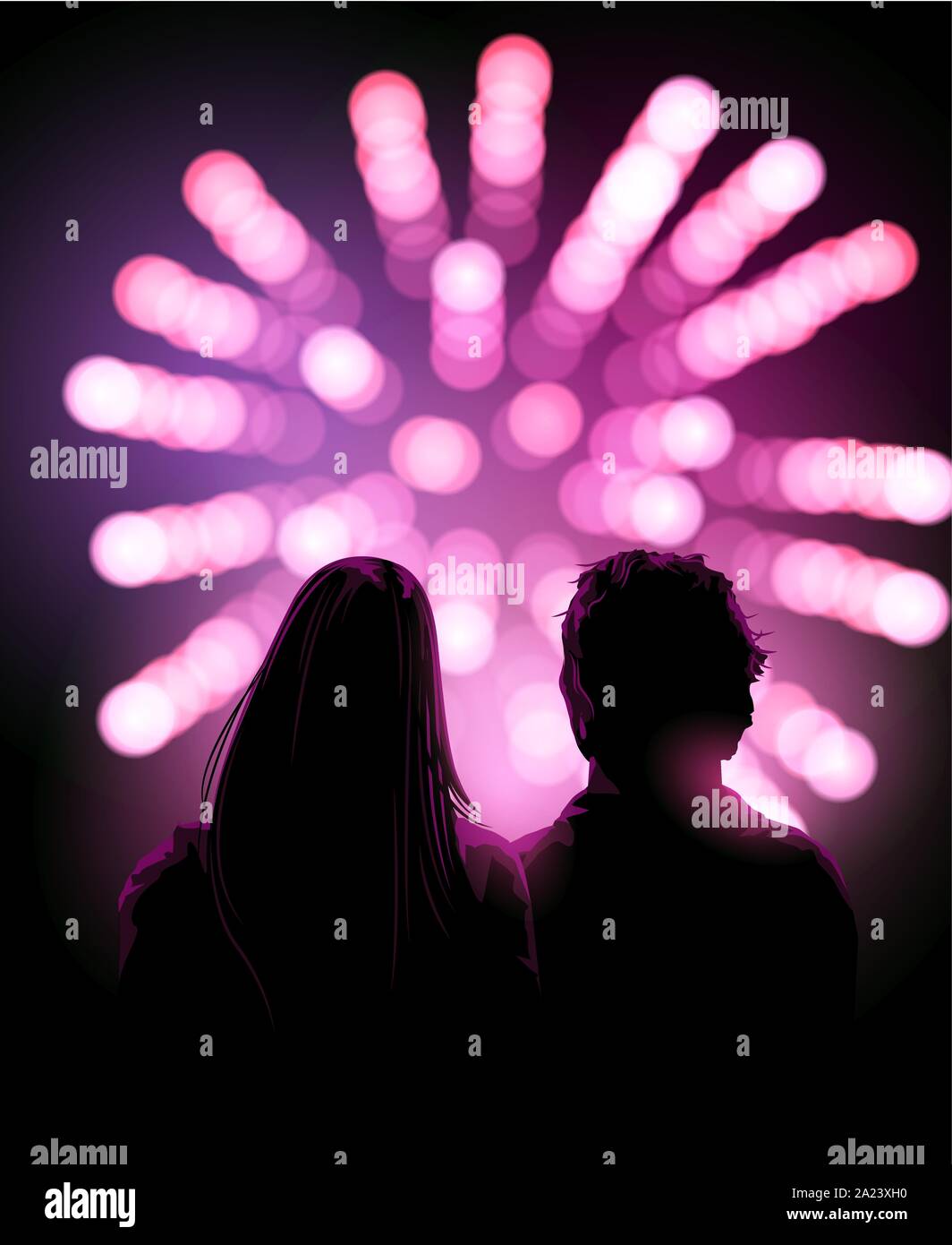 A couple of adults watching a firework display together at night. Celebration vector background. Stock Vector