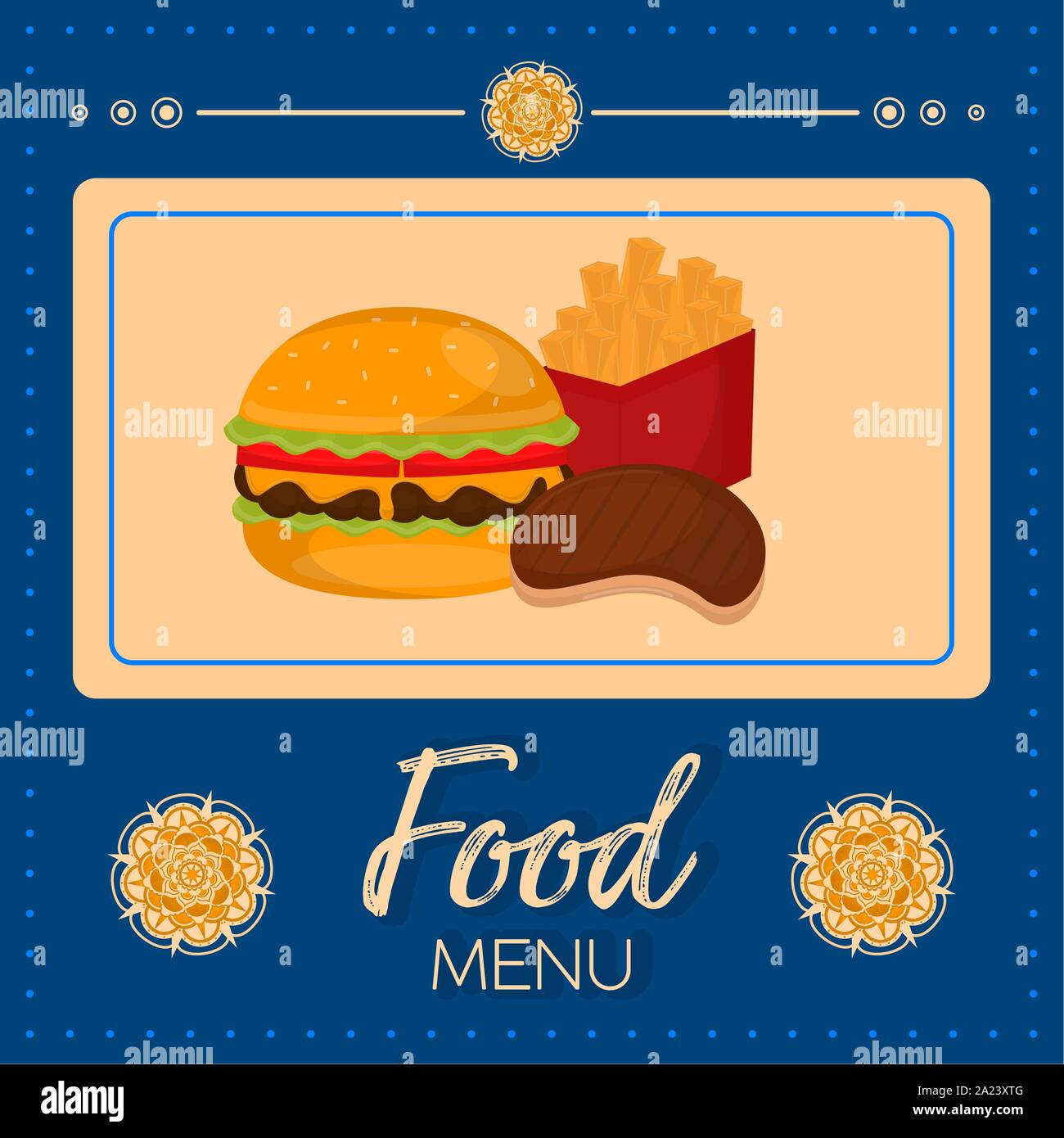Food menu with a burguer, french fries and meat steak - Vector Stock Vector
