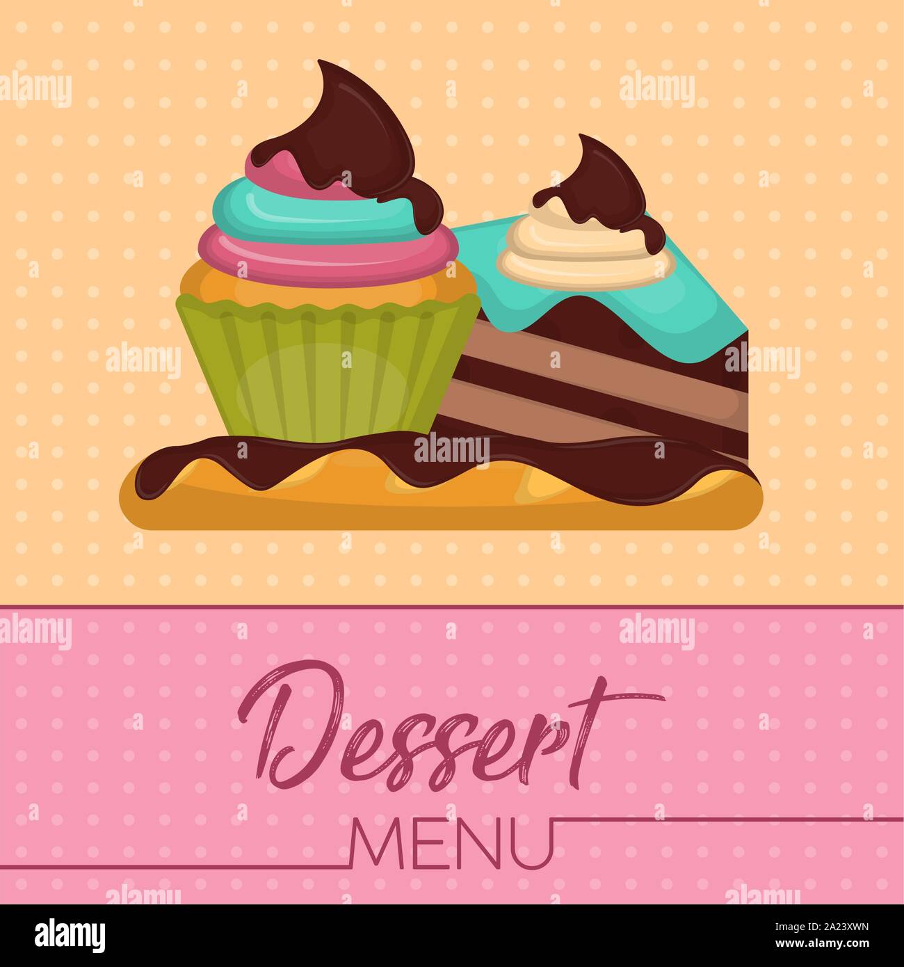 Dessert menu with a cupcake, piece of cake and chocolate bread Vector