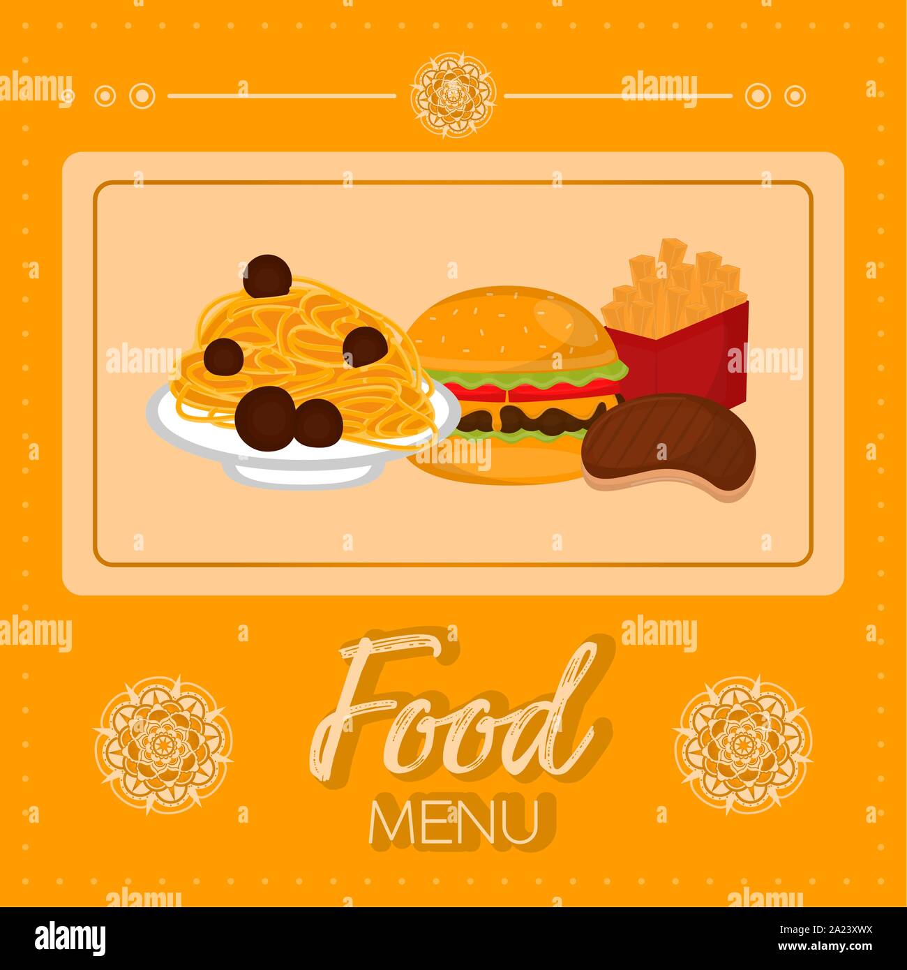 Food menu with a spaghetti, burguer, french fries and meat steak - Vector Stock Vector