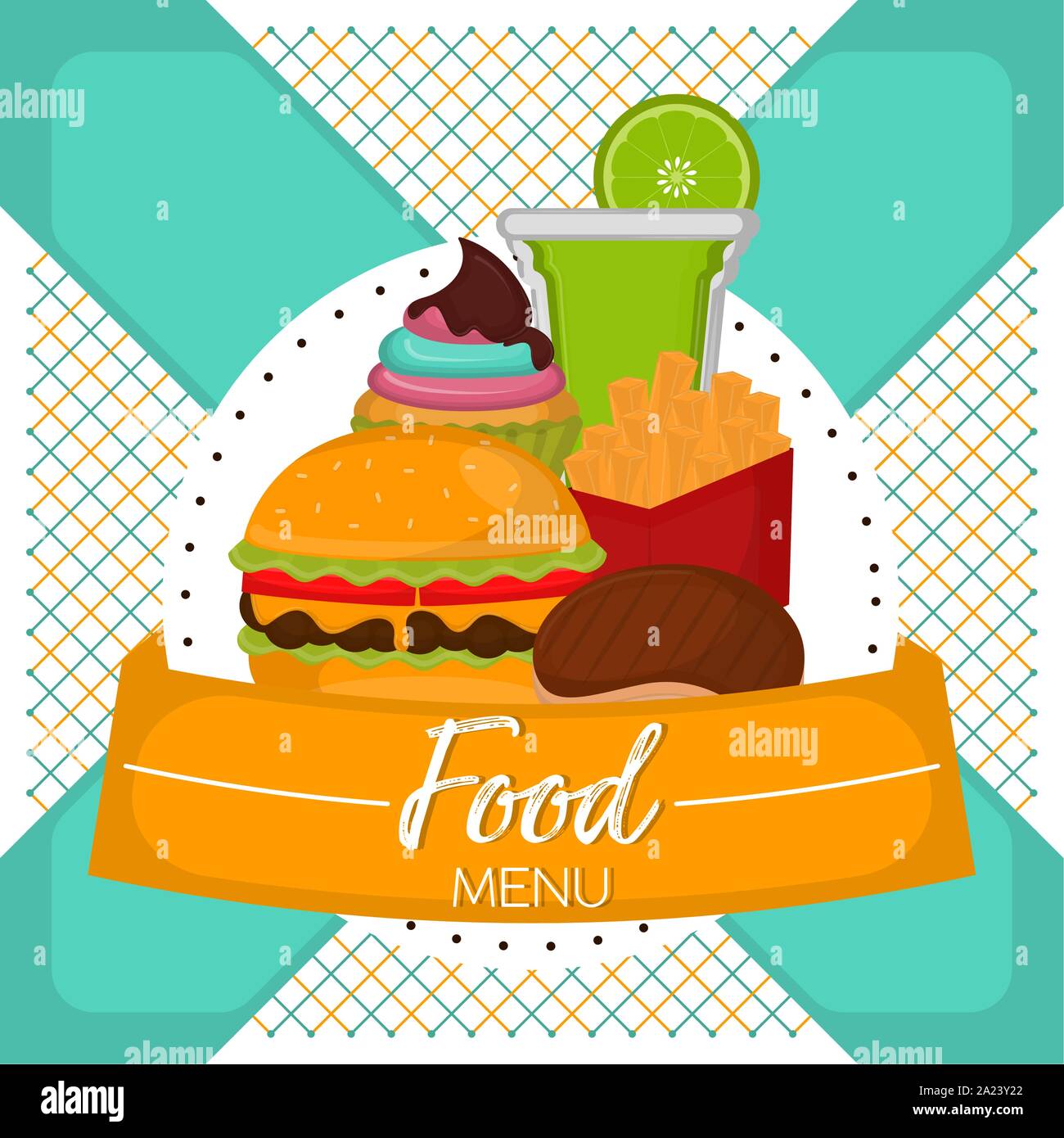Food menu with a burguer, french fries, cupcake, lemon cocktail glass and meat steak - Vector Stock Vector