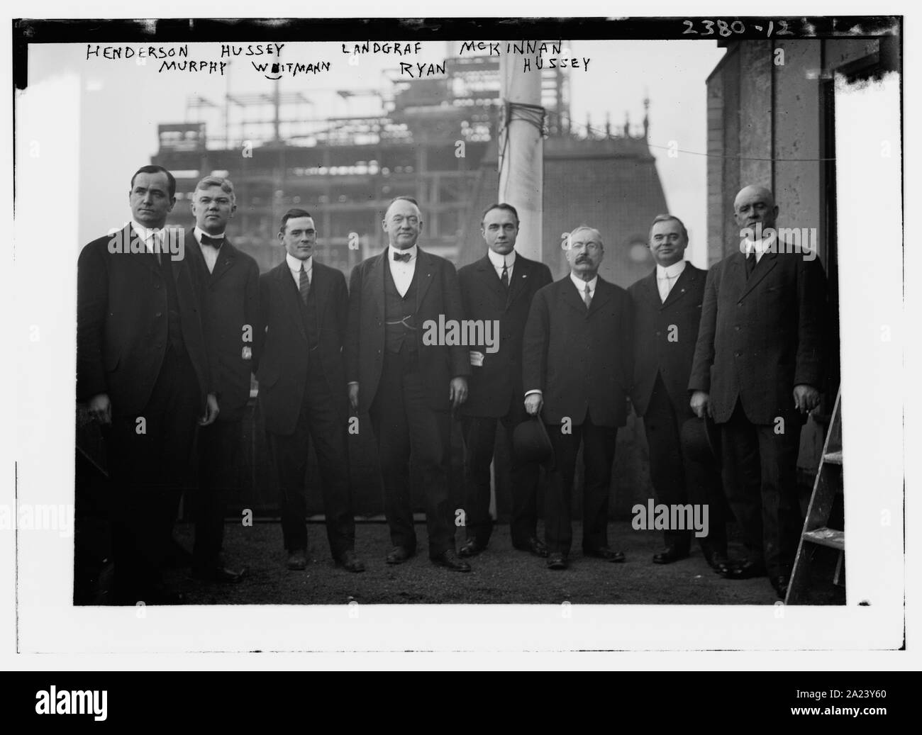 Outlaw League executives: left to right, Marshall Henderson, co-owner Pittsburgh; William T. Murphy, owner Cleveland; Ambrose Hussey Jr., co-owner, Brooklyn; William A. Witman, first league president and owner, Reading; Ernest C. Landgraf, co-owner, Richmond; John J. Ryan, co-owner Cincinnati; Hugh Mckinnon, co-owner, Cincinnati; Ambrose Hussey Sr., co-owner Brooklyn (baseball0 Stock Photo