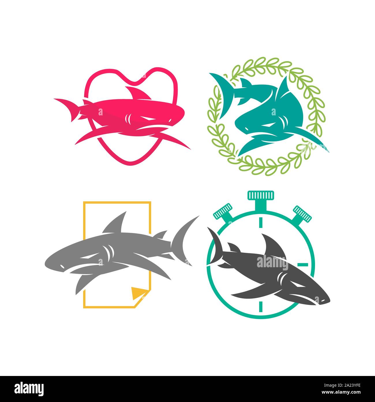 Shark Love Leaf Stopwatch Paper logo design vector set template Stock Vector