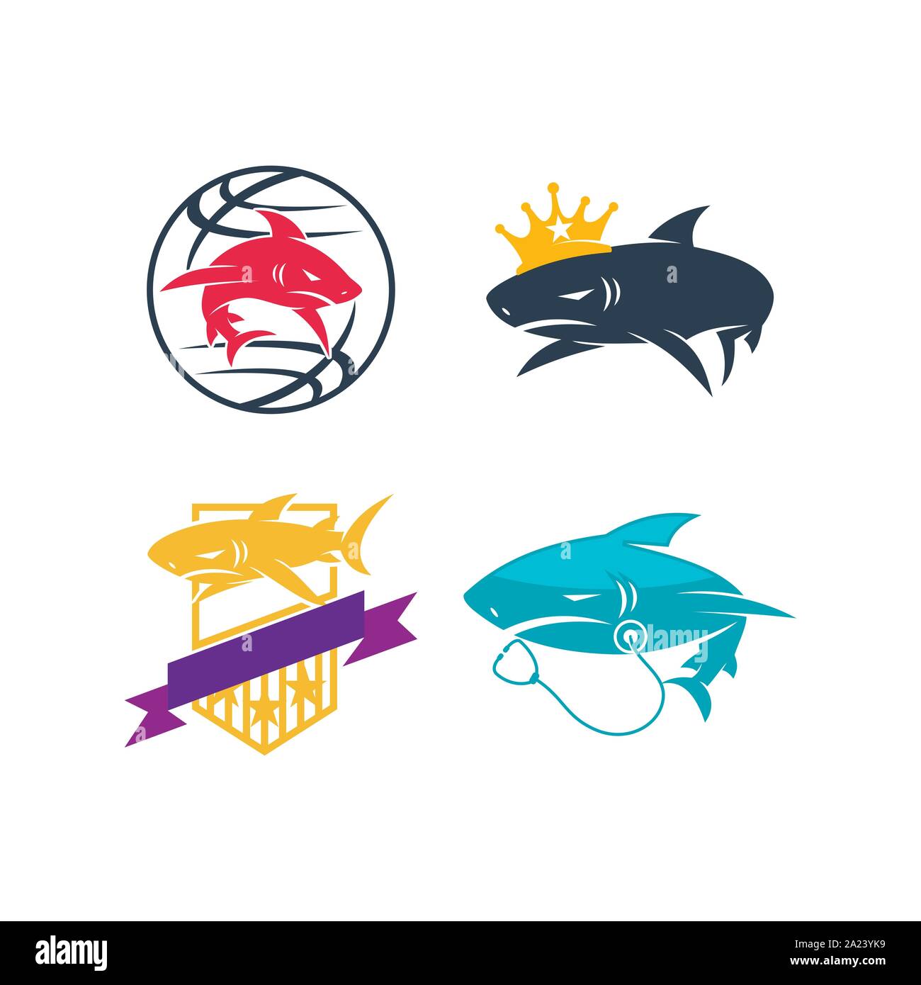 Shark World King Stethoscope Shield logo design set template Stock Vector
