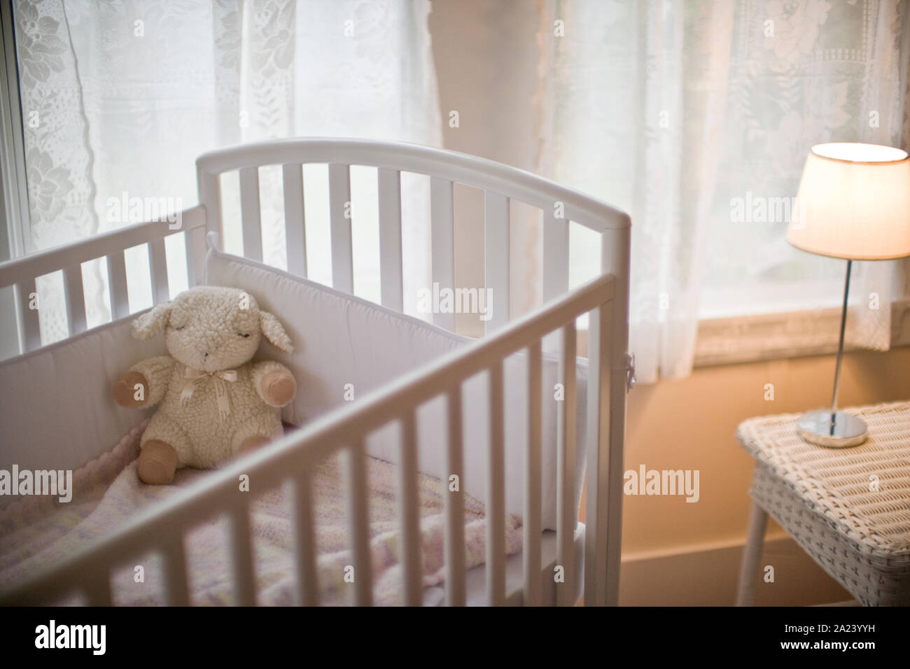 Soft toy in a cot inside an empty nursery Stock Photo Alamy