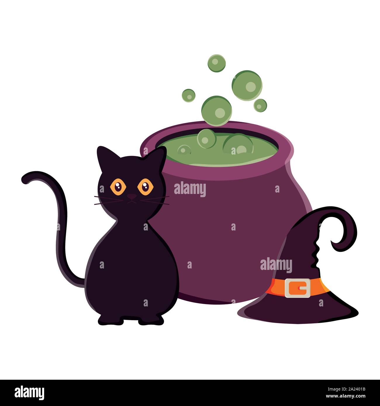 cauldron hat black cat trick or treat happy halloween vector ...