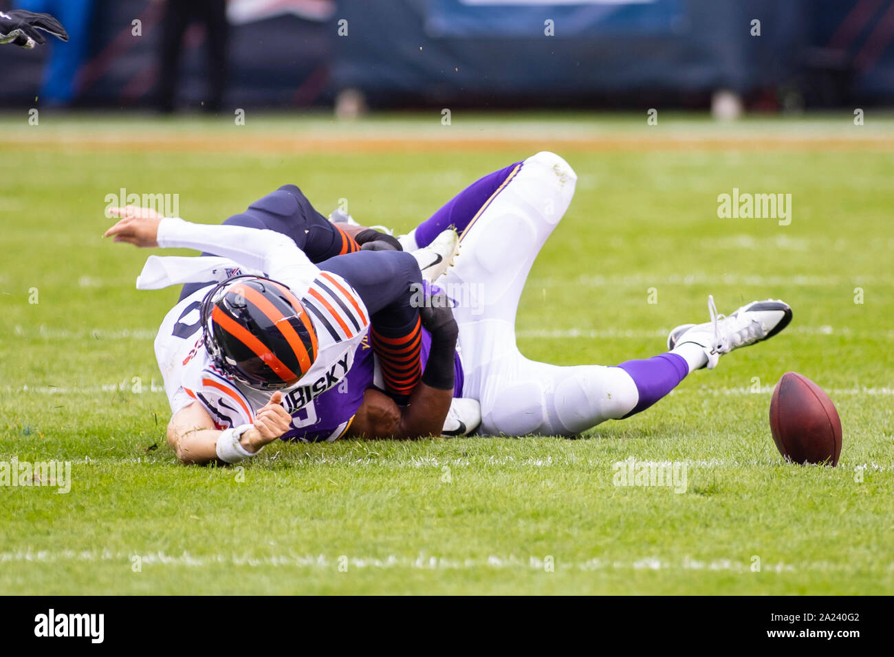 Chicago, Illinois, USA. 29th Sep, 2019. - Bears #10 Mitchell Trubisky is tackled by Vikings #99 Danielle Hunter resulting in a dislocated left shoulder with a slight labrum tear during the NFL Game between the Minnesota Vikings and Chicago Bears at Soldier Field in Chicago, IL. Photographer: Mike Wulf Credit: csm/Alamy Live News Stock Photo