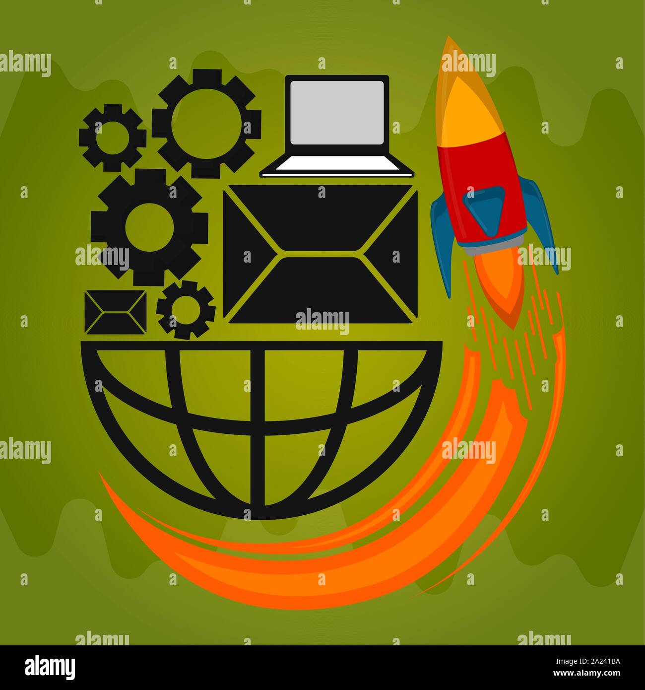 Rocket taking off with gears . Startup concept - Vector illustration ...